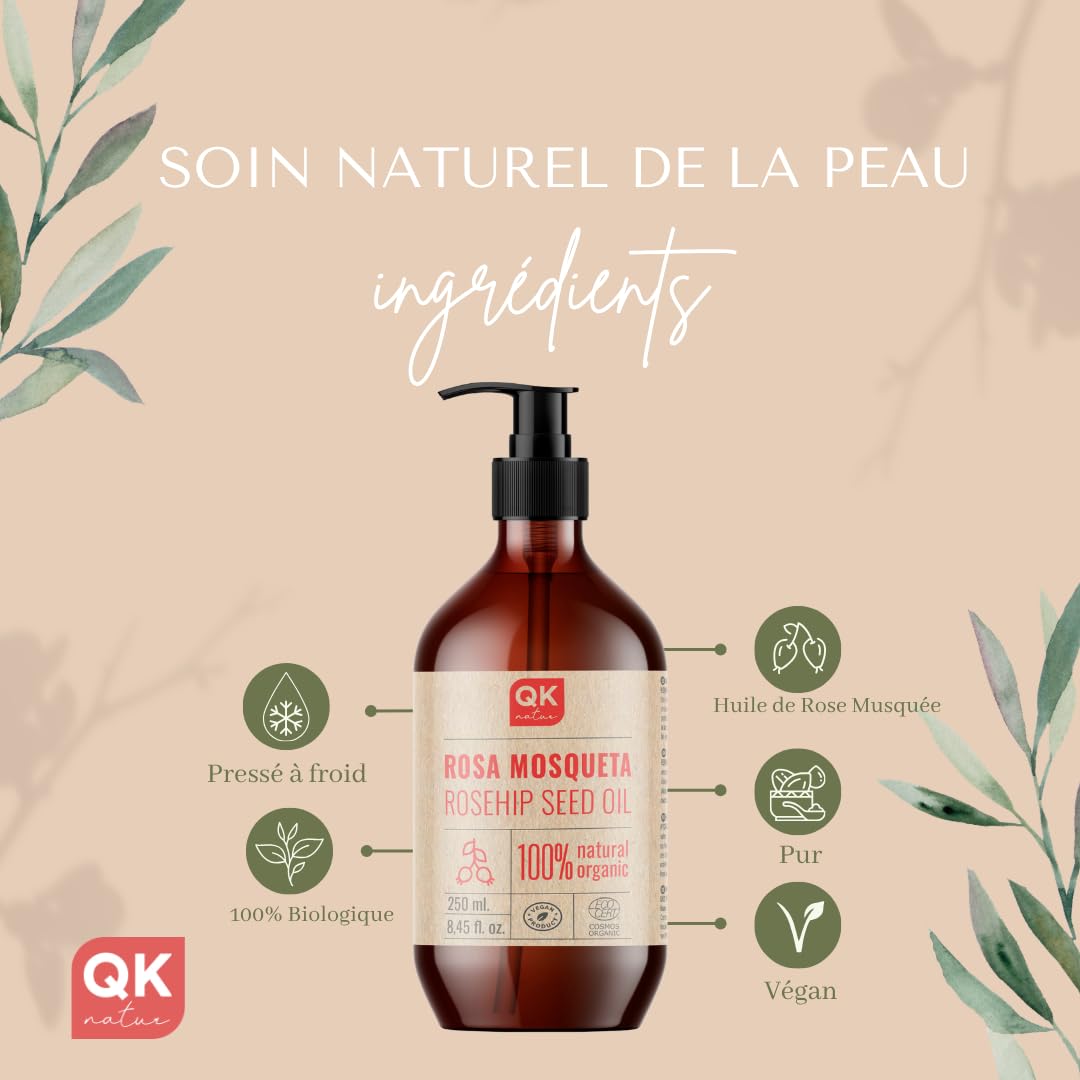 QKnatur - Huile de Rose Musquée 100% Naturel Bio Vegan - 250 ml - Cicatrices et Vergetures - Anti-rides Anti-âge - BIO - Pressée à Froid