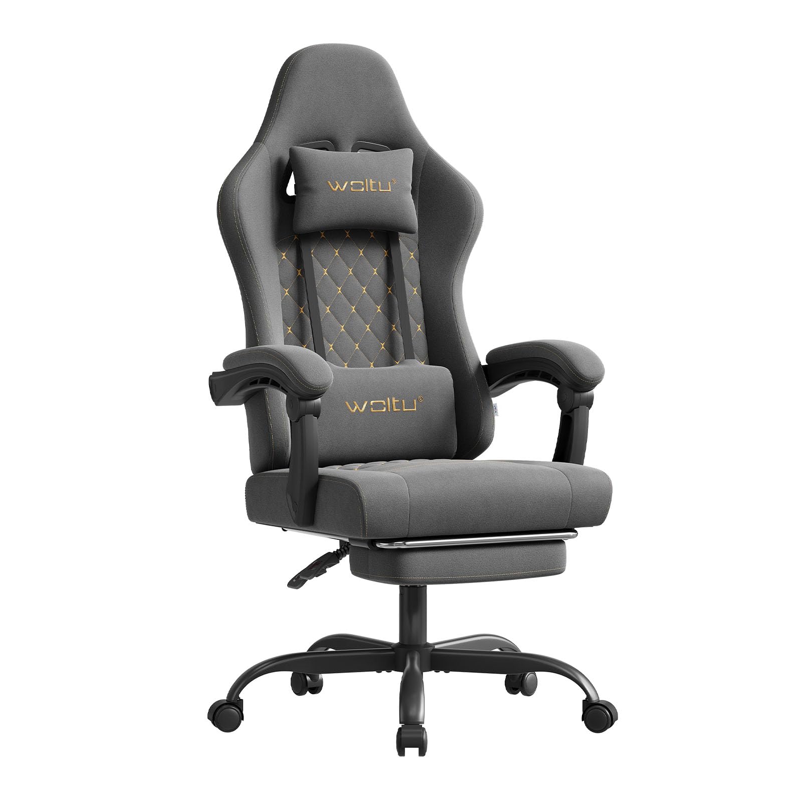 WOLTU Gaming Stuhl mit Massagefunktion, Computerstuhl Ergonomisch, Taschenfederkissen, Lendenmassage, Kopfkissen, Fußstütze, Drehstuhl, 150 kg, Tech-Stoff, Grau+Gelb