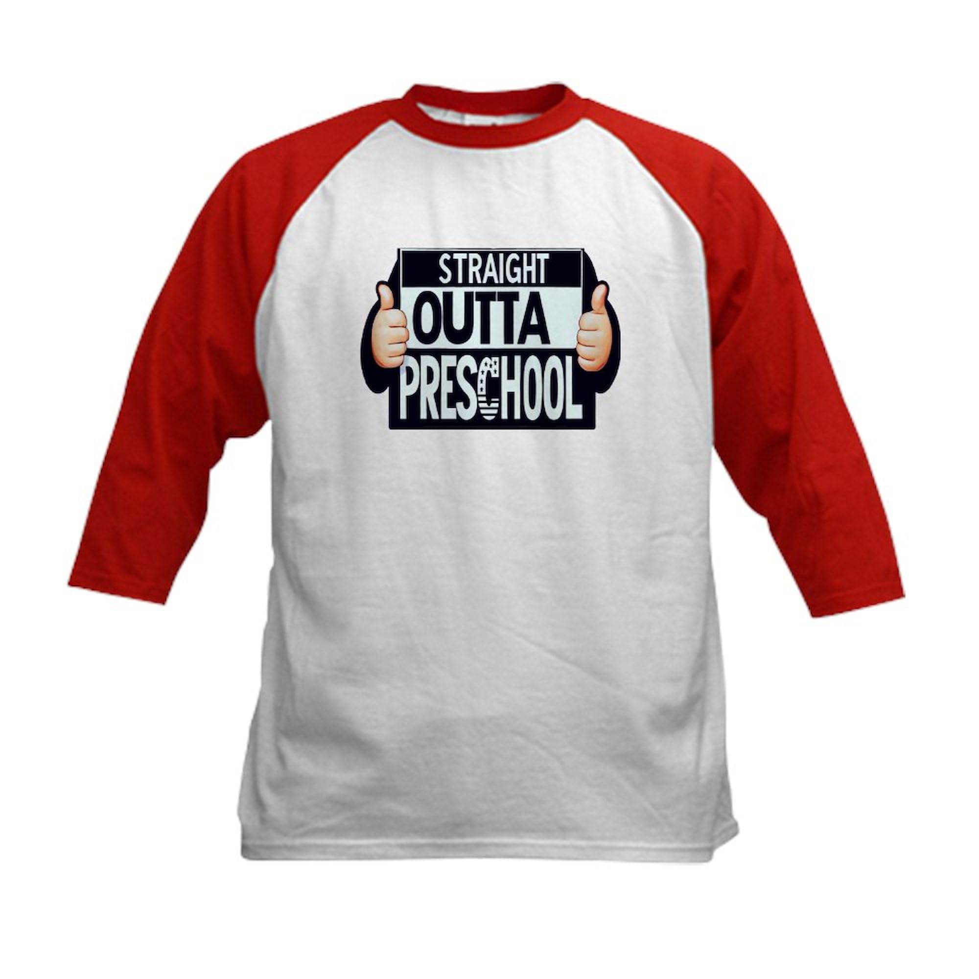 CafePress Straight Outta Preschool Graduation Gift Last Day Kids Baseball T Shirt Kids Cotton Baseball Jersey, 3/4 Raglan Sleeve Shirt Red/White
