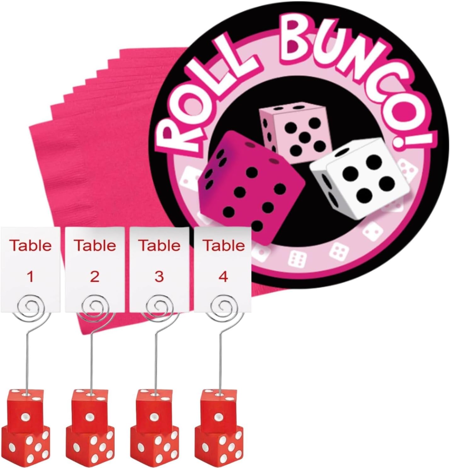 Roll Bunco Plates & Hot Magenta Napkin Set - 16 Pieces of 8" Bunco Plates and 50 Pieces of 5" Hot Magenta Bunco Beverage Napkins W/Dice Table Stands