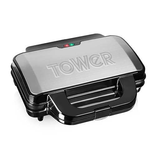 Tower T27013 Fill Sandwich Maker with Extra Deep and Easy to Clean Non-Stick Ceramic Plates, Automatic Temperature Control, Teflon, 900 W, Silver/Black - Deep Fill Sandwich Maker S/S
