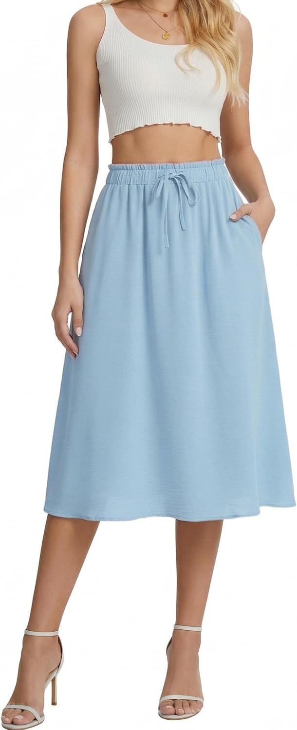 Women's Skirt Summer Midi Long Swing Skirts High Waist Skirt A-line Midi Skirt Elegant Skirts with Pockets Lightblue XXL