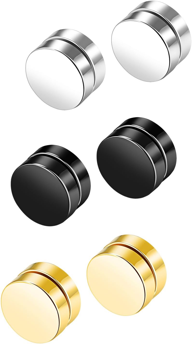 6 Piece Stainless Steel Round Magnet Earrings For Men Women Non Piercings Fake Ear Plugs Gauges 3 Colors