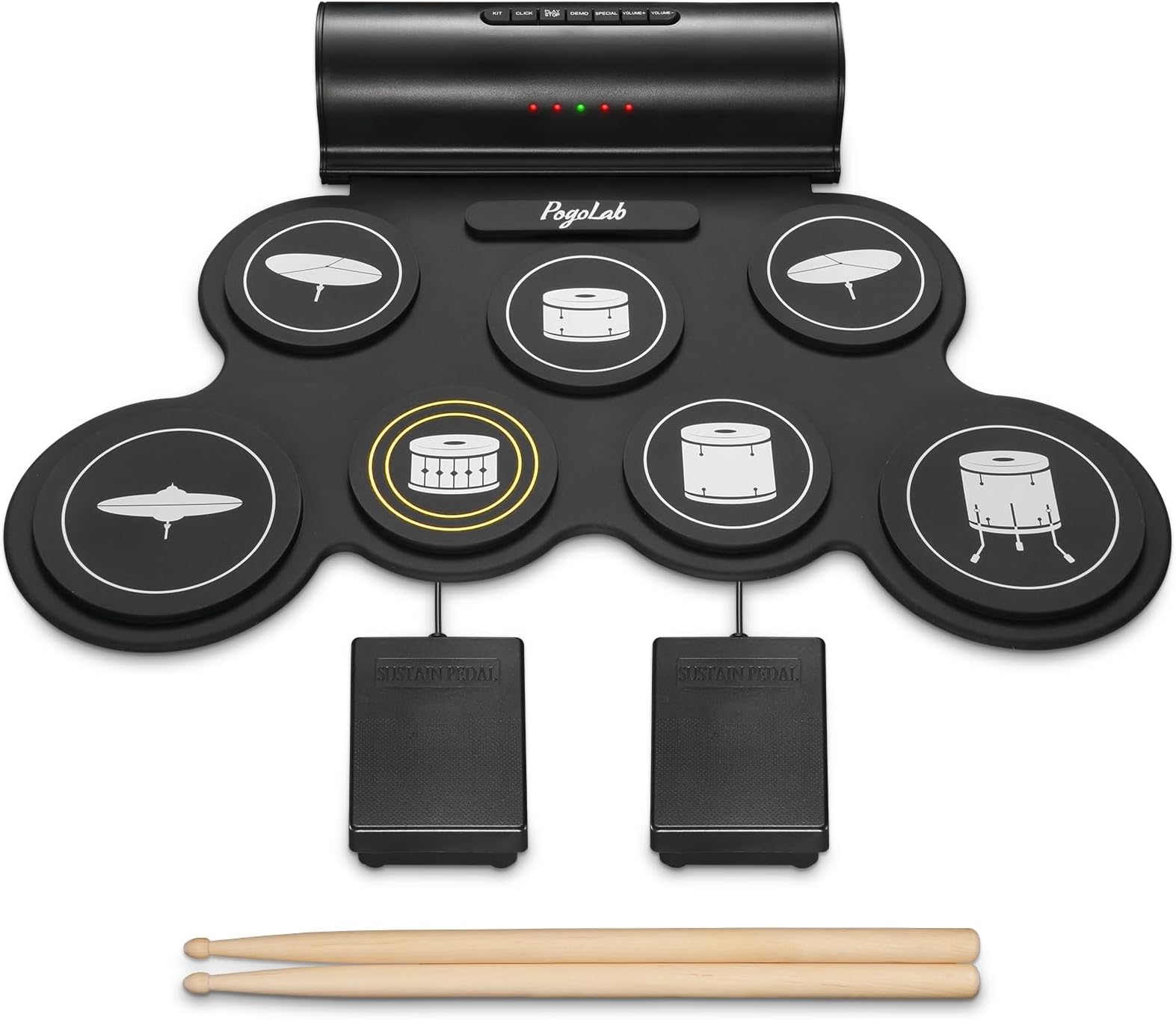 POGOLAB Electronic Drum Set, 7 Pads Roll Up Electric Drum Pad with Wireless Function, Portable Rechargeable Midi Drum Kit with Built-in Speaker/Pedals/Headphone Jack, Great Holiday Gift for Beginner