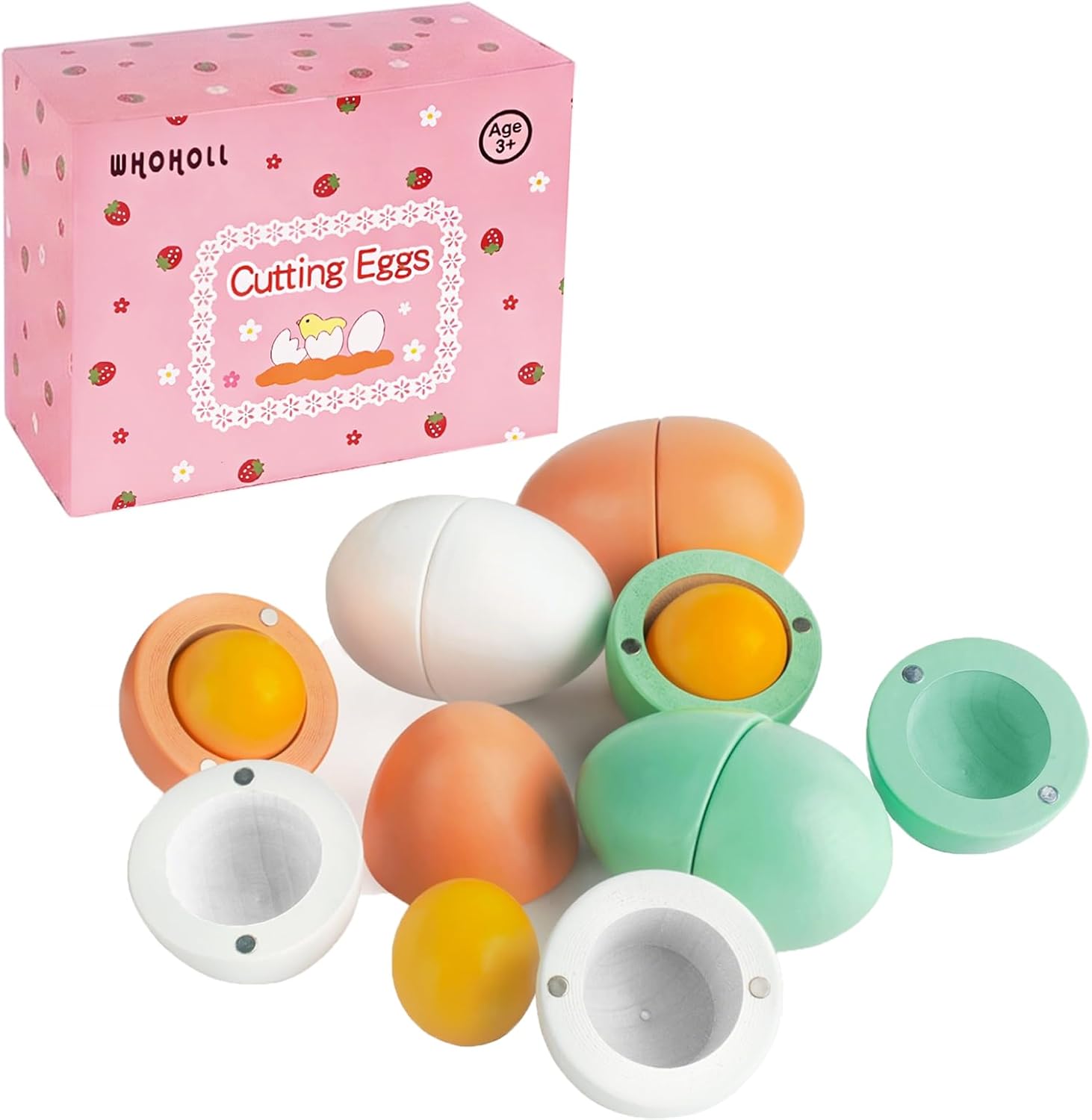 WHOHOLL Wooden Easter Play Eggs Toy, Play Food Sets for Kids Kitchen, Sturdy Wood Eggs with Magnetic Separable Yolk, Pretend Play Kitchen Toy Food for Boys Girls Gifts