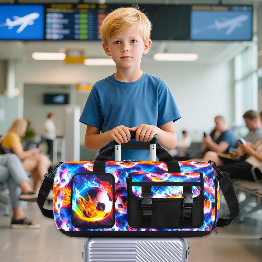 Soccer Duffle Bag for Boys, Kids Flame Water-Resistant Travel & Weekender Bag with Shoe Compartment for Sports, Gym & Sleepovers - Image 7