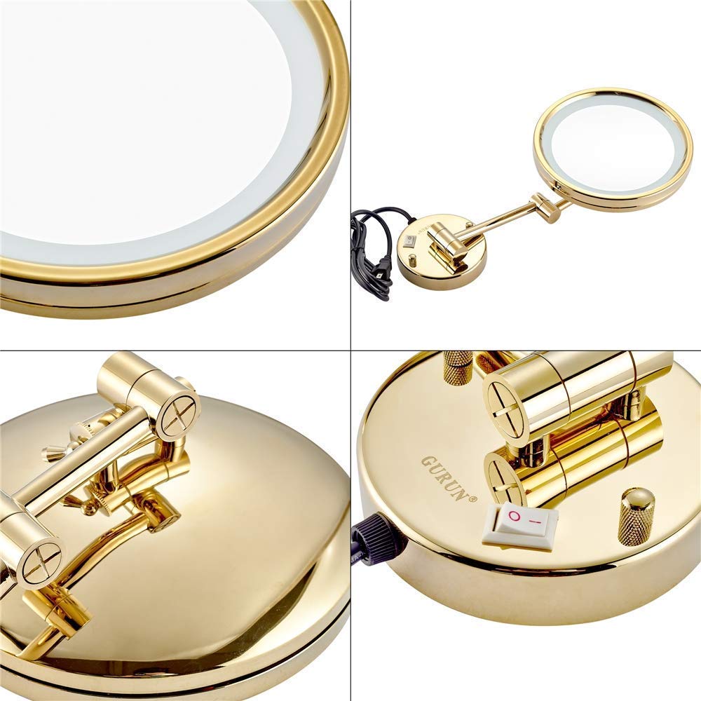 Specchi for il trucco a LED da bagno, vanità a parete su un lato in ottone illuminato ingranditore barba pieghevole(10X)