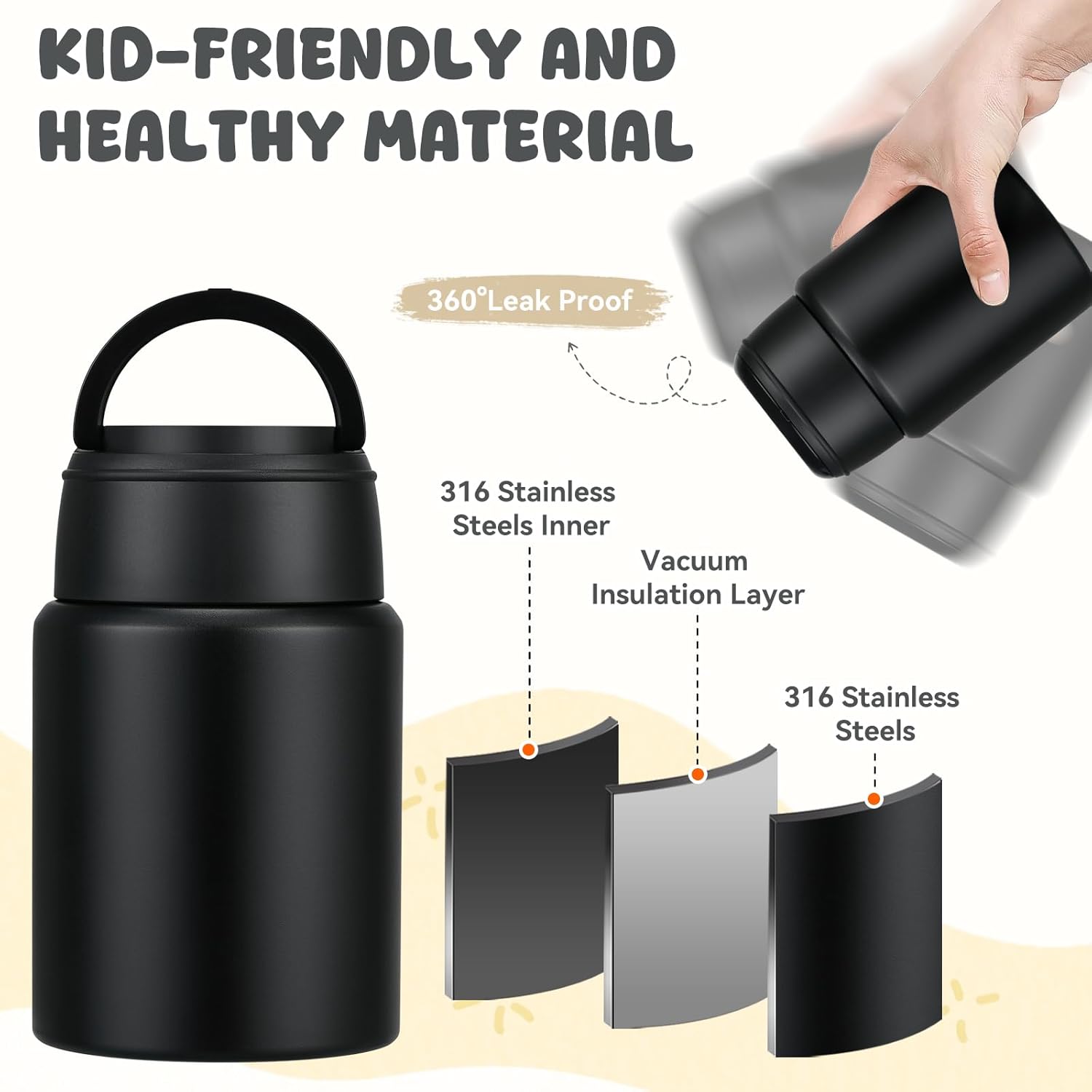 17oz Soup Thermo for Hot Food Kids Insulated Food Jar,Thermo Hot Food Lunch Container, Width Mouth Stainless Steel Lunch Box for Kids with Handle Folding Spoon(Black-Pure) - Image 5