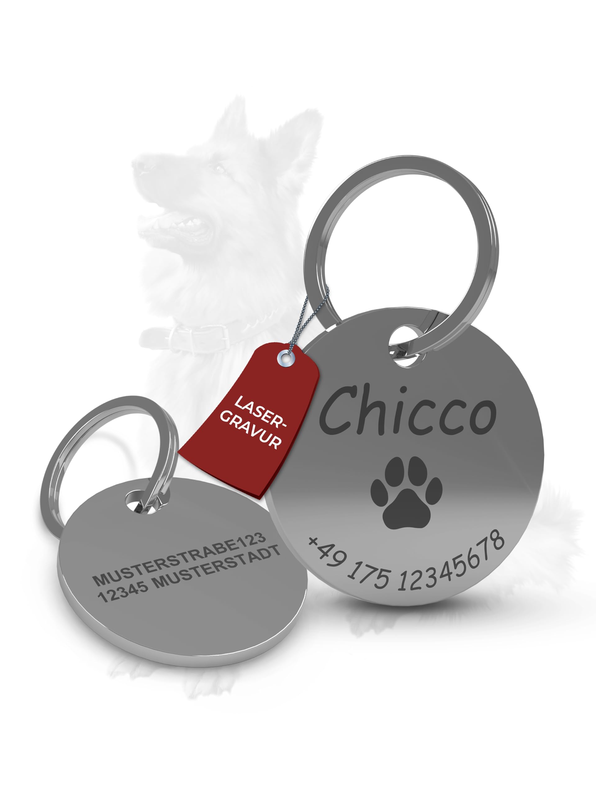 Hundemarke mit Gravur | Hundezubehör | Hundemarke personalisiert | Hundehalsband mit Namen | ⌀30mm | Edelstahl | Für Hundehalsband personalisiert | Katzen | Hunde | Tiere