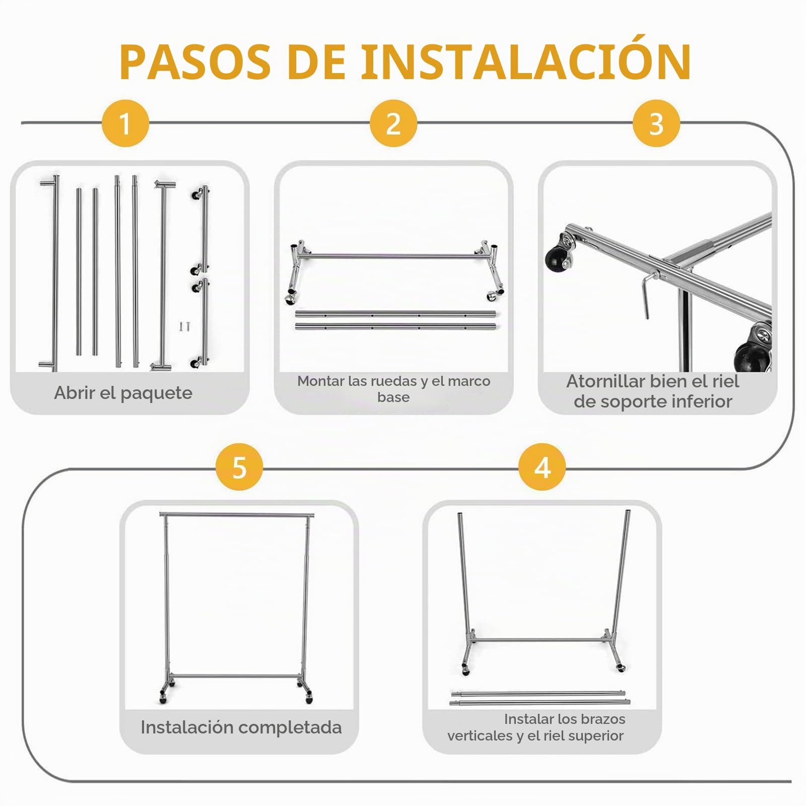 VOWNER Perchero con Ruedas, Cromado, para Colgar Ropa, Altura Ajustable y Extensible, (90-132) x 40 x 113-170 cm