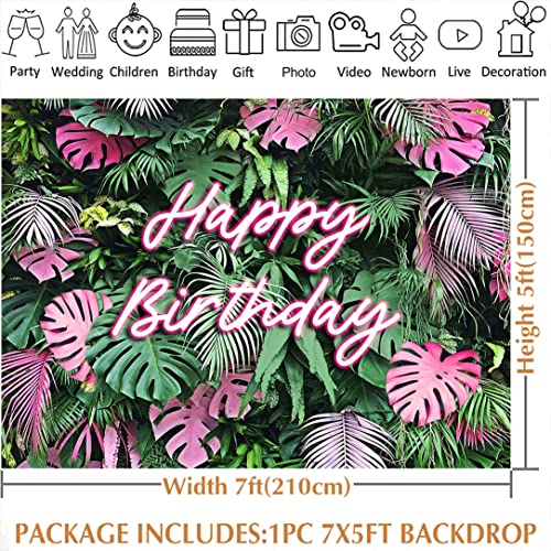 Avezano Summer Tropical Happy Birthday Backdrop Hawaiian Aloha Luau Neon Birthday Party Background Jungle Green Leaves Birthday Backdrops Photo Studio Props(Pink, 7X5Ft) #TOP3