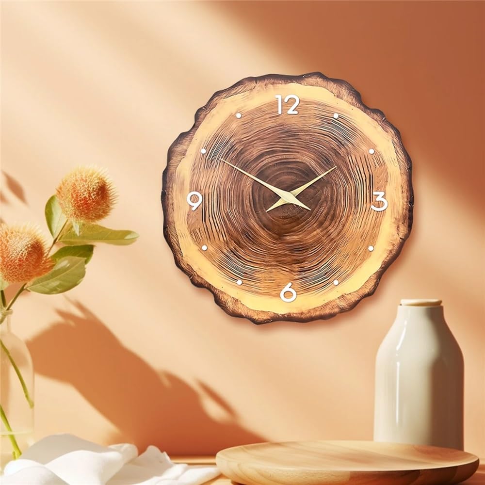 DFHS46JK Wall Decor 1 Piece Wooden Ring Veneer Wall Clock Flat Wood Cross Section Texture Pattern Solid Pointer Design Silent for living room decor(16 inch)