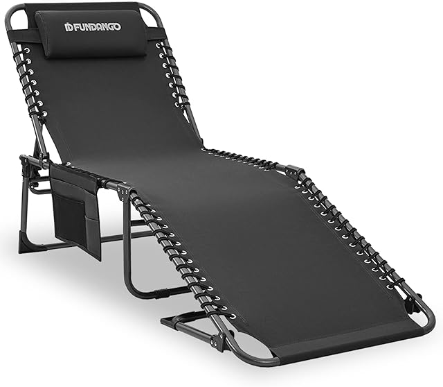 FUNDANGO Sun Lounger Portable Reclining Lounger Folding Bed Chair with Side Pocket and Pillow Support up to 120 KG 190x59x34/37cm for Camping Outdoor Travel Office