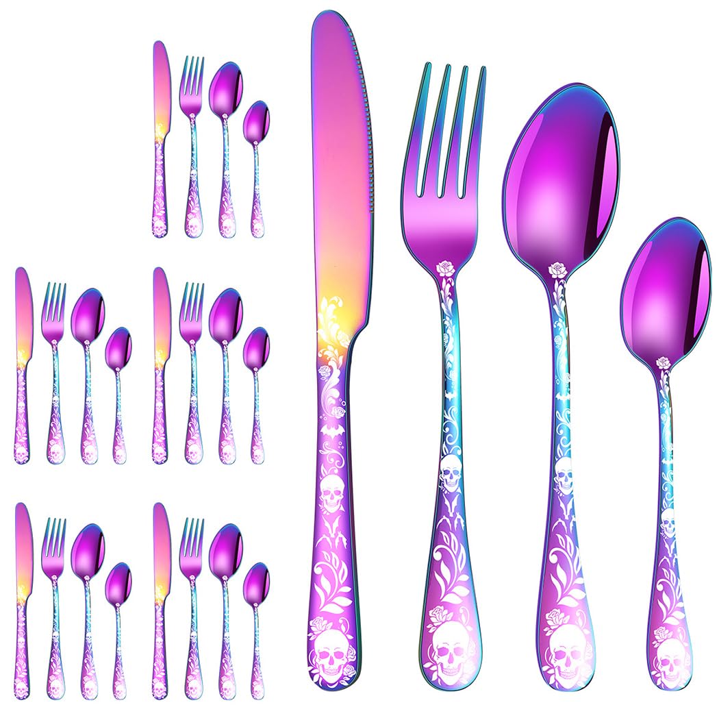XIAOYU Halloween-Skelett-Besteckset, 24-teiliges Edelstahl-Besteckset für 6 Personen, Gothic-Totenkopf-Besteckset, Utensilien für Halloween, Ostern, Weihnachten