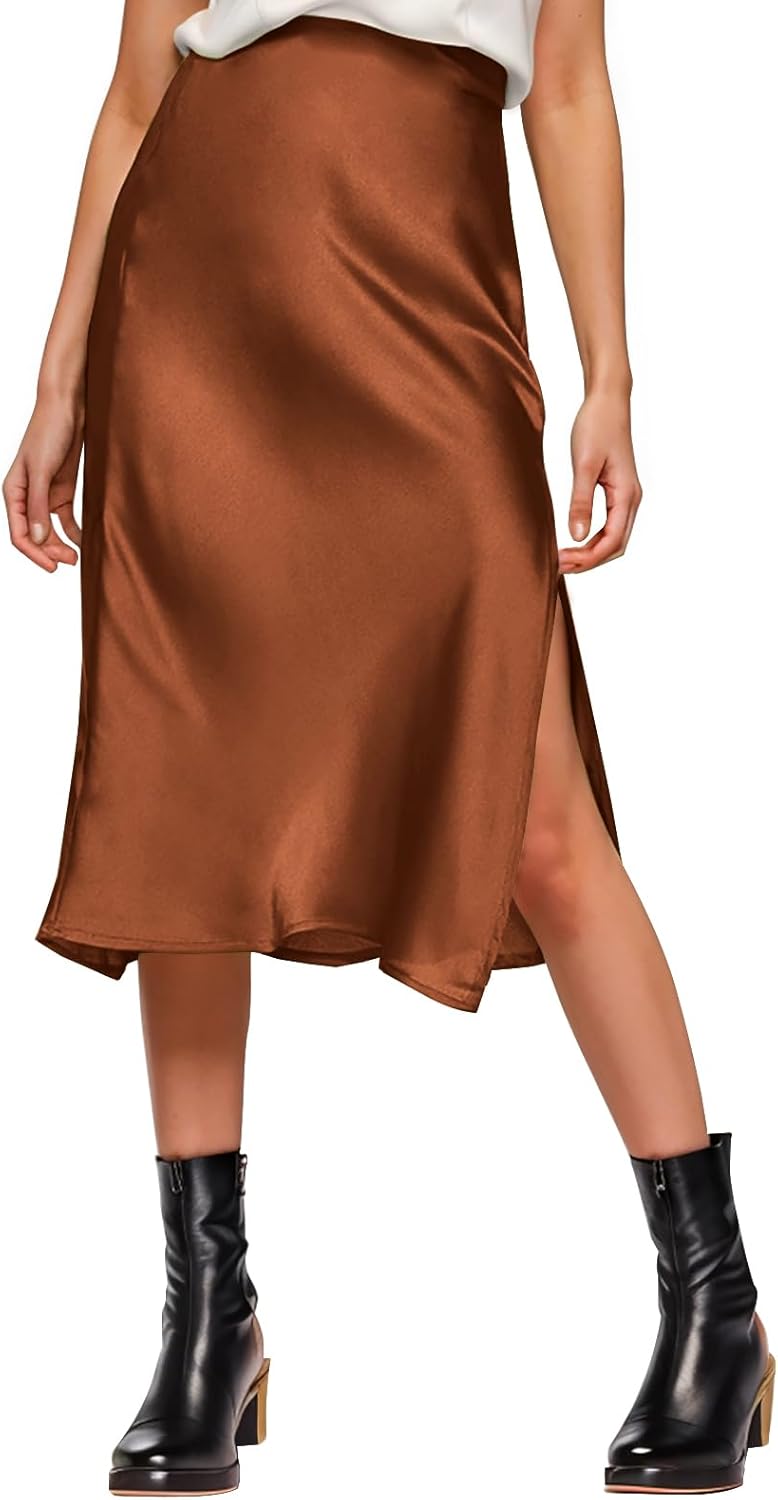 Womens Satin Silk High Waist Slit Midi Skirt Elastic Waistband Midi Skirts for Women