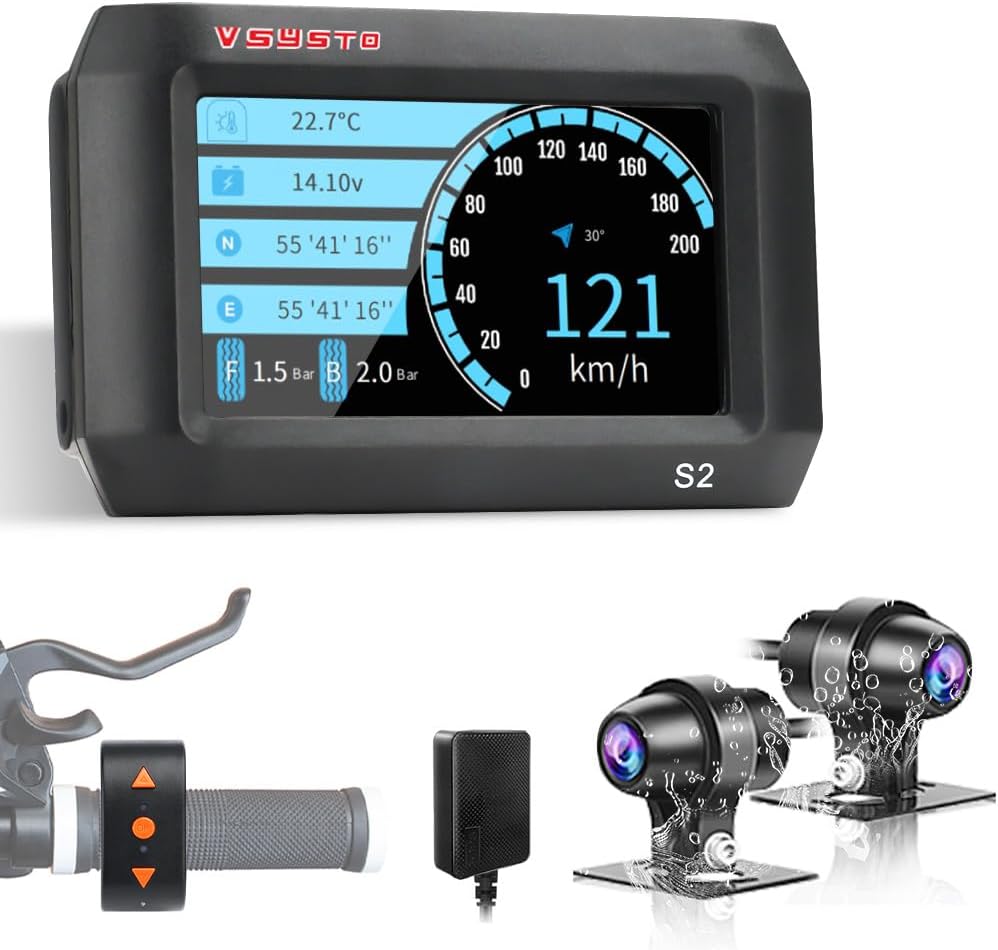VSYSTO Motorcycle Dash Camera, 5G WiFi 3" Screen GPS HD 1080P Motorbike Front and Rear Camera, Parking Monitoring, Shutdown Reminder, Temperature Display, Low Battery Voltage Protection (Black-S2)