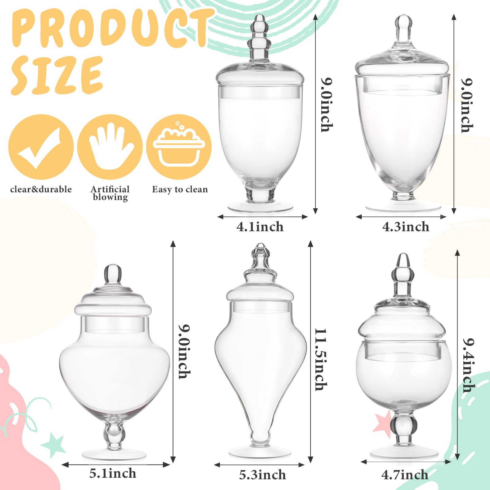 Baderke 5 Pcs Clear Glass Apothecary Jars with Lids Candy Jars Set Wedding Candy Buffet Container Candy Bar Jar Elegant Storage Jar Display for Home Bathroom Kitchen Party Christmas Decoration