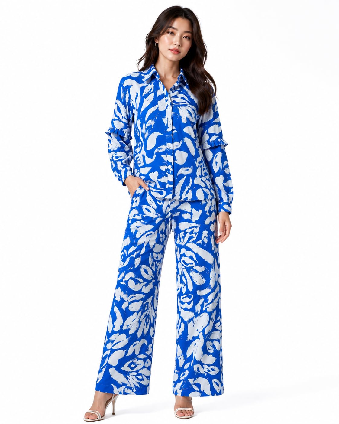 Floral Printed Co-Ord Set for Women | White Pink Shirt & Palazzo Pant Set | Stylish Two Piece Lounge Wear & Casual Western Outfit for Women | Relaxed Fit Matching Set-image-16