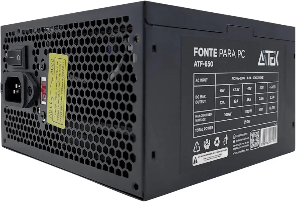 Fonte de Alimentação ATX Para Computador PC 650W 110V / 220V Bivolt 9 Pinos Silencioso