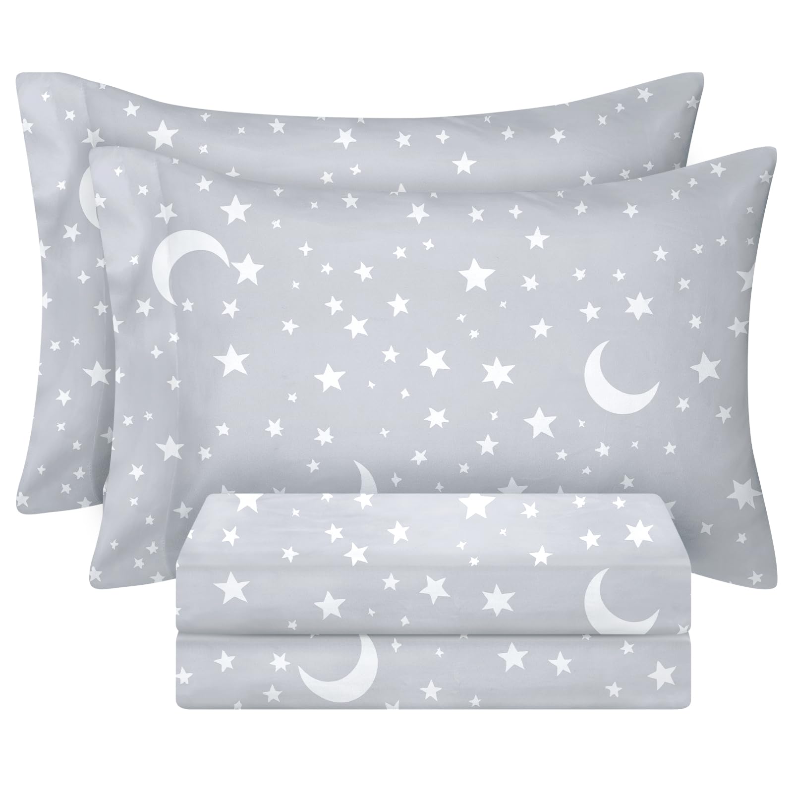 BYSUREBYSURE Full Sheets Set Kids(Moon&Stars, Light Grey), 4 Pieces Easy Fit Deep Pocket Sheets Set, Breathable Wrinkle-Free Microfiber Bedding for ChildrenOEKO-TEX STANDARD 100