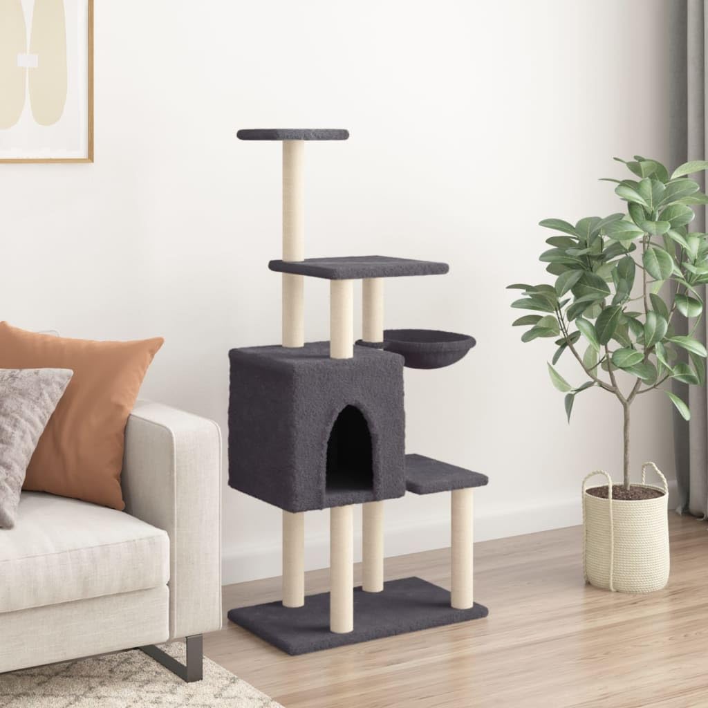 Rascador para gatos con columnas rascadoras de sisal, gris oscuro, de felpa, 131 cm, grande, estable, con cueva, superficies de descanso y muebles rascadores para casa y esquina