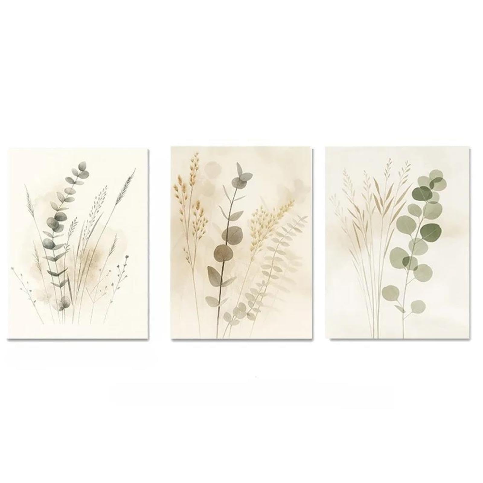 Baibexing Zielony i beżowy minimalistyczny plakat przedstawiający roślinę, wydrukowany na płótnie, idealny do dekoracji salonu i domu. 60 x 80 cm x 3 szt. bez ramki