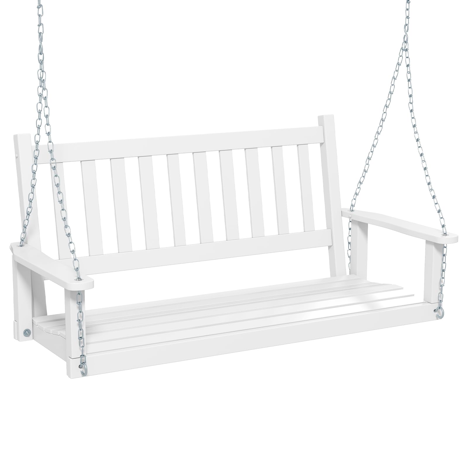 KOMFOTTEU Columpio de Madera de Álamo de 2-3 Plazas, Banco Colgante con Cadenas Ajustables de Metal, Silla Hamaca con Respaldo de Listones, Asiento Suspendido de Jardín (Blanco, 136 x 67 x 63 cm)