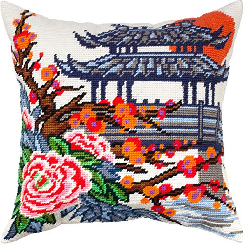 Japanese Garden. Needlepoint Kit. Throw Pillow 16×16 Inches. Printed Tapestry