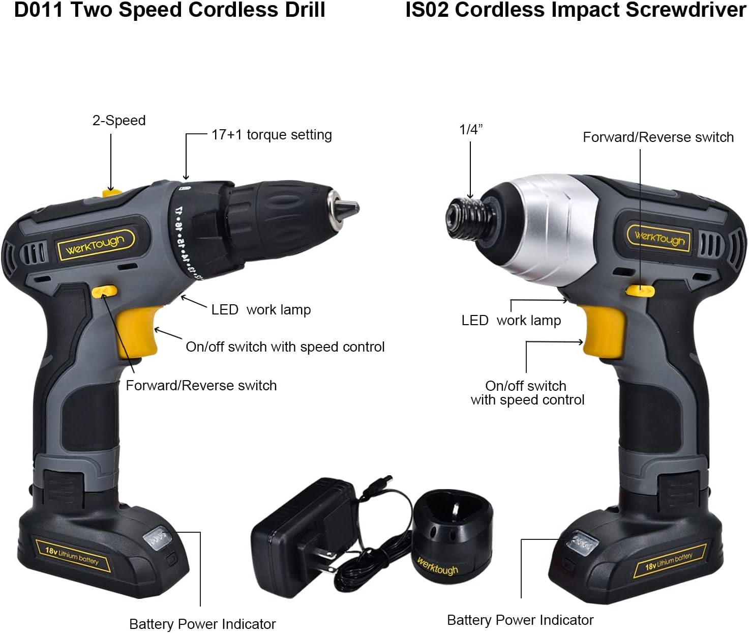 Werktough 17pcs Impact Driver Combi drill1/4" Tool Kit Home Improvement 2 Lion BatterIies Combi Set Cordless Tools Home Repair with Fast Charger CC006 7 61ROLrOdOQL. AC SL1500