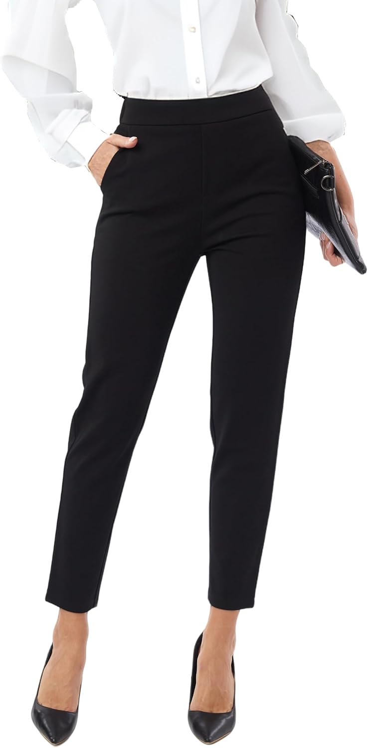 Fakanhui Women's Work Pants 7/8 Cropped Tapered Trouser High Waist Pull on Business Casual Slack Ankle Pant