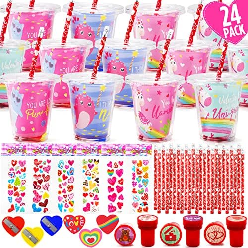 Valentines Day Gifts for Kids - 24 Pack Valentines Day Stationery Gift with Cards Pencils Stickers Erasers Stampers Sharpener Cups Classroom Prize School Exchange Boys Girls Party Favors