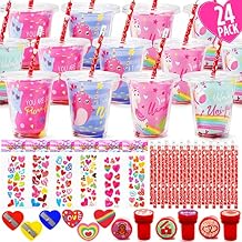 Valentines Day Gifts for Kids - 24 Pack Valentines Day Stationery Gift with Cards Pencils Stickers Erasers Stampers Sharpener Cups Classroom Prize School Exchange Boys Girls Party Favors