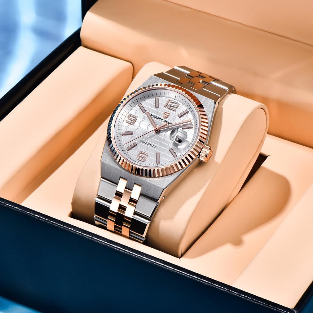 CEYADG Pagani Design Men's Automatic Mechanical Watch, 40mm Sapphire Glass 316L Stainless Steel, 100M Water Resistant Luminous Date Display Fluted Bezel Business Watch for Men