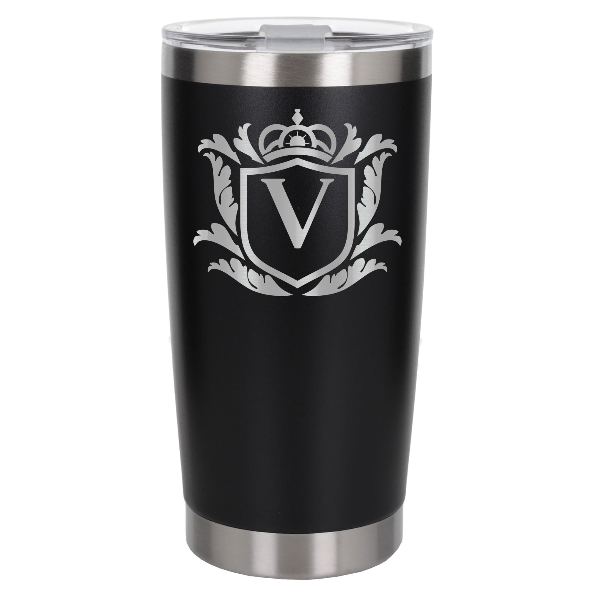 Customised Gifts 500ml Engraved Shield Initial Monogram Insulated Personalised Black Travel Mug for Men and Women - Personalised Initial Coffee Travel Mug for Hot and Cold Beverages, Letter V
