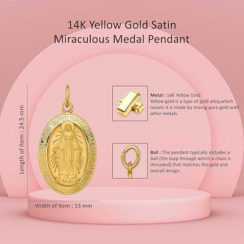 Vista 2 de Colgante de medalla milagrosa ovalada 3-D de oro amarillo de 14 quilates (L- 0.96 pulgadas, W- 0.51 pulgadas), Metal, No es una piedra preciosa