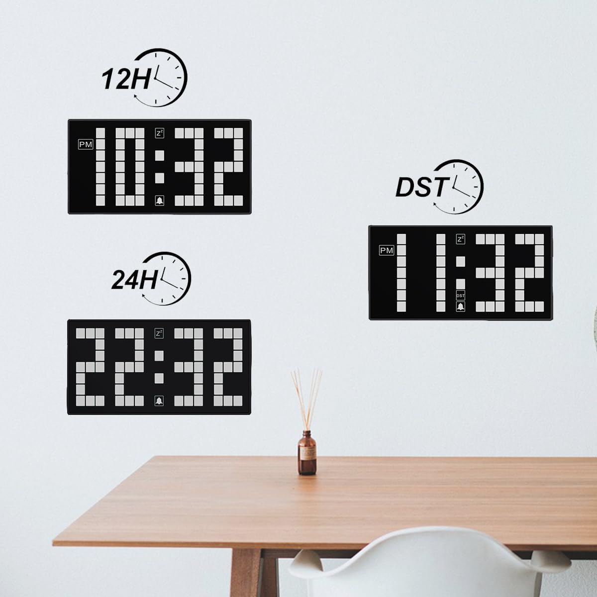 Examples of 12-hour, 24-hour, and DST time displays on the T-FAMY Digital Alarm Clock.