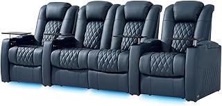 Leather Home Theater Seating, Classic Series Dual Power Electric Headrest Game Seats Movie Theater Chairs Recliner Sofa with Type-C USB Charger (Blue, Row of 4 Loveseat Middle)