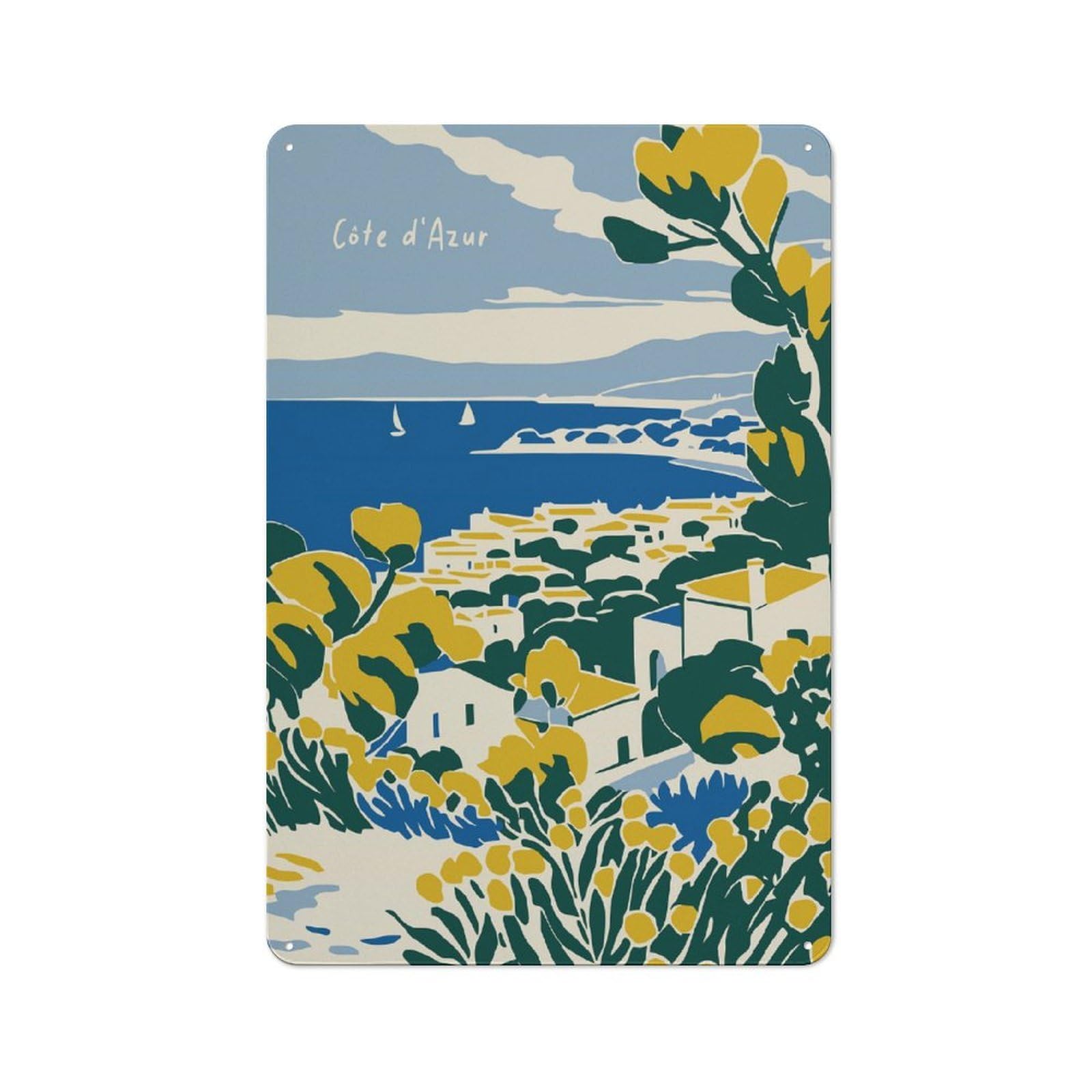 Junmoney Style-12 Tin Wall Plaque 30X20cm With Côte Dazur Travel For Hobby Room Or Studio, For Kitchen, Dining Room And Home Bar Wall Decor