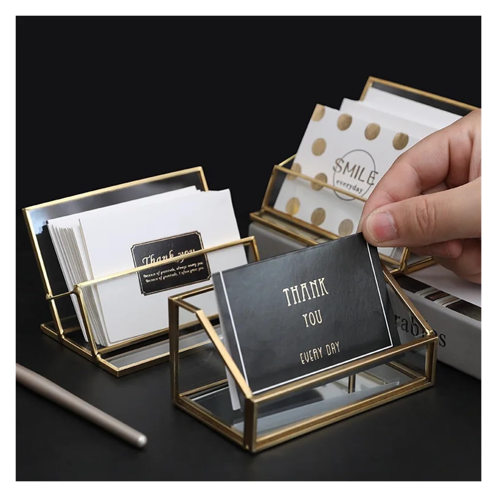 Lot de 2 supports pour cartes de visite en cuivre et verre (couleur 02)