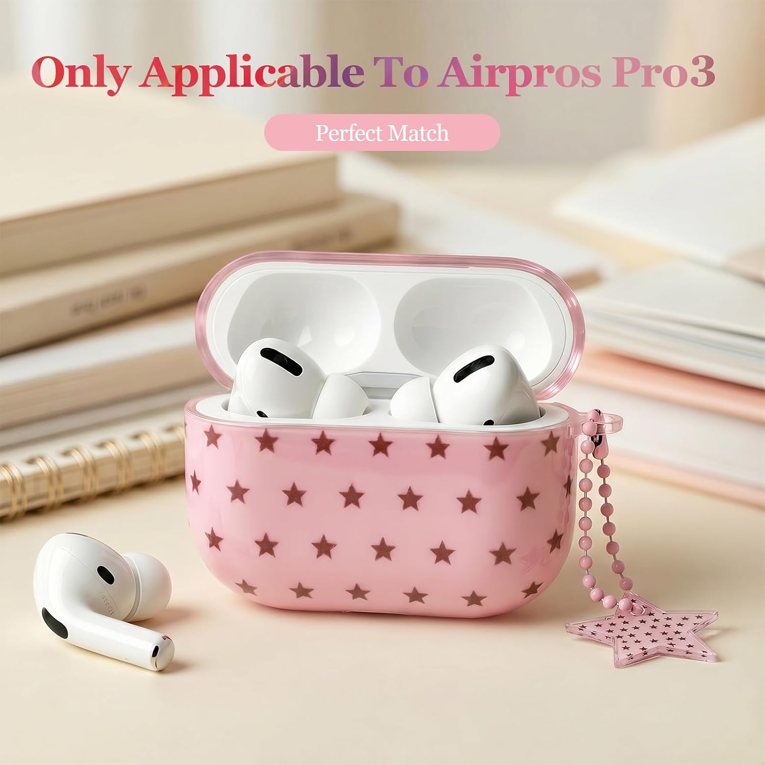 Case for AirPods Pro 3rd Generation (2025) Cute Star Pattern Protective Cover with Beaded Keychain Charm, Shockproof Soft Shell Compatible with AirPods Pro 3 case-Pink Star image 5