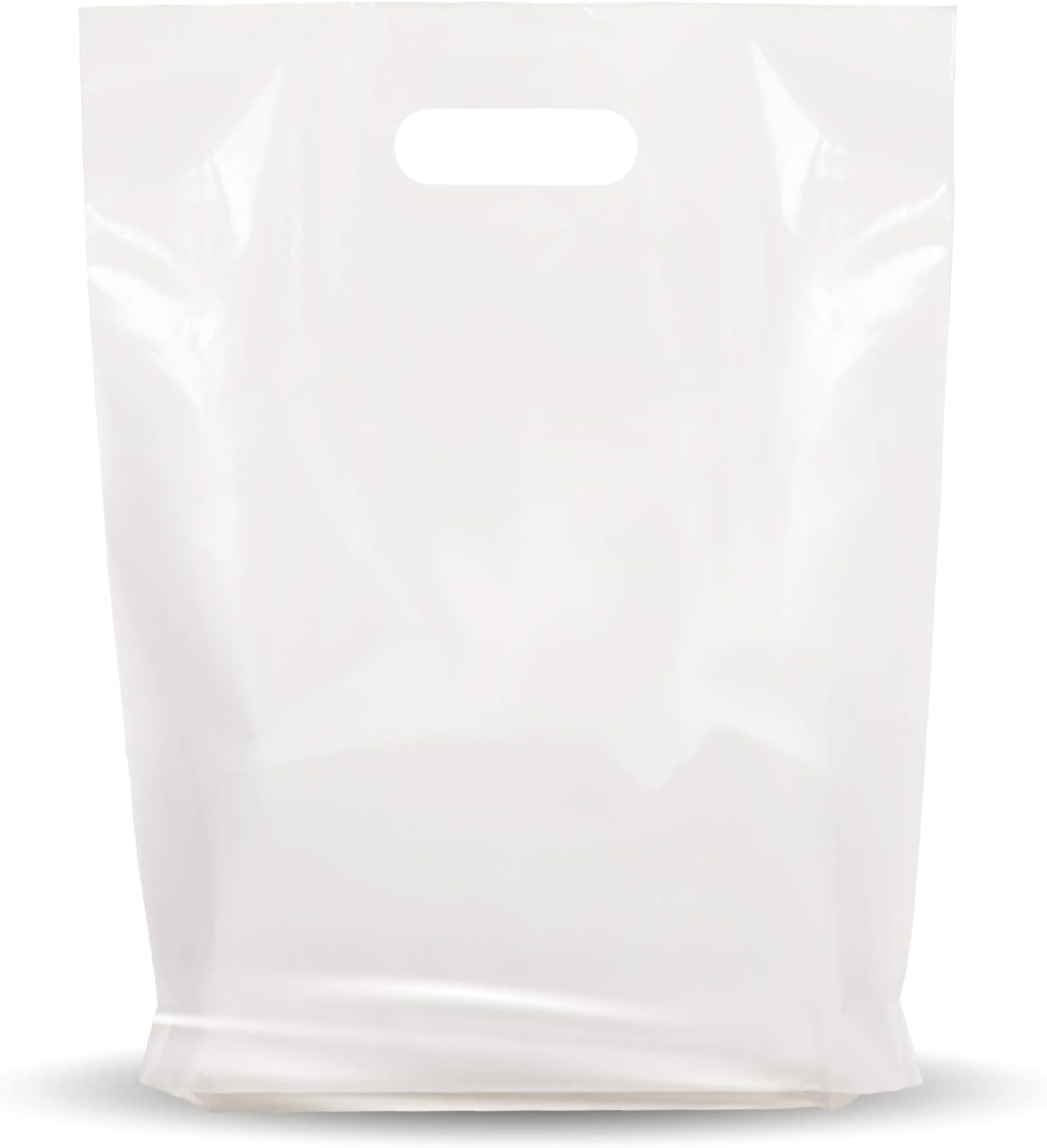 White Glossy Plastic Shopping Bags with Die-Cut Handles, 100 Pack 9 x 12 Inch Retail Merchandise and Gift Bags, 1.25 Mil Thick for Small Business, Events, Parties