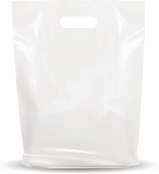 White Merchandise Plastic Shopping Bags - 100 Pack 12" x 15"with 1.25 mil Thick - Die Cut Handles - Perfect for Retail Shops, Party Favors, Birthdays, Children Parties - Color White - 100% Recyclable