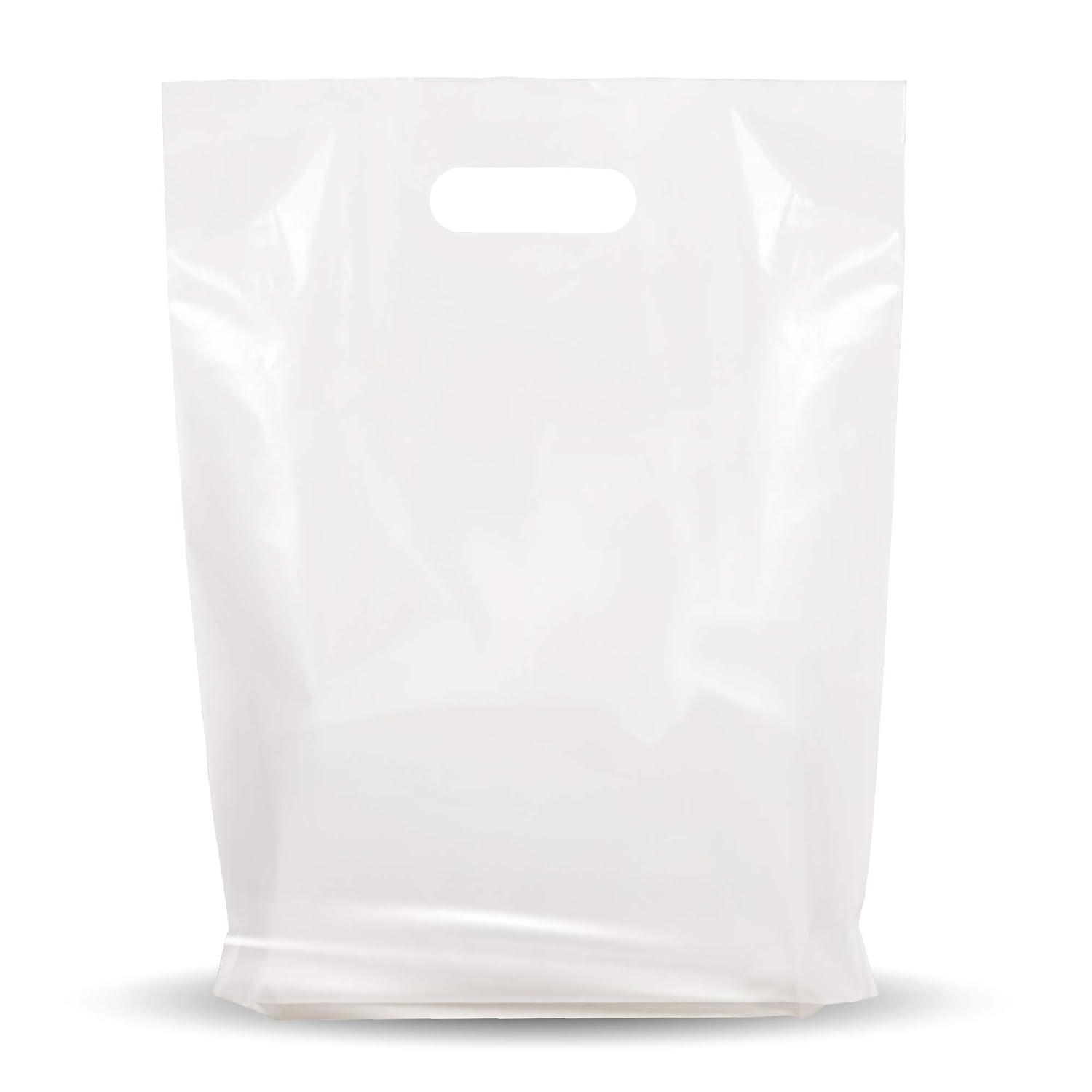 100 Pack 9" x 12" with 1.25 mil Thick White Merchandise Plastic Glossy Retail Bags - Die Cut Handles - Perfect for Shopping, Party Favors, Birthdays, Children Parties - Color White - 100% Recyclable