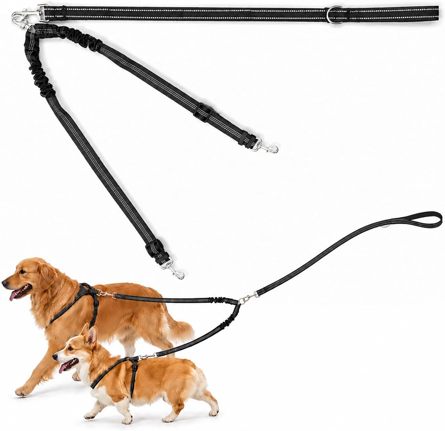 Double Dog Leash for Two Dogs 31.5″ Main Leash + Adjustable Splitter, Padded Handle, D-Ring, 360° Swivel, Shock-Absorbing Bungee, Reflective Stitching, for Small Medium Large Dogs (Black)
