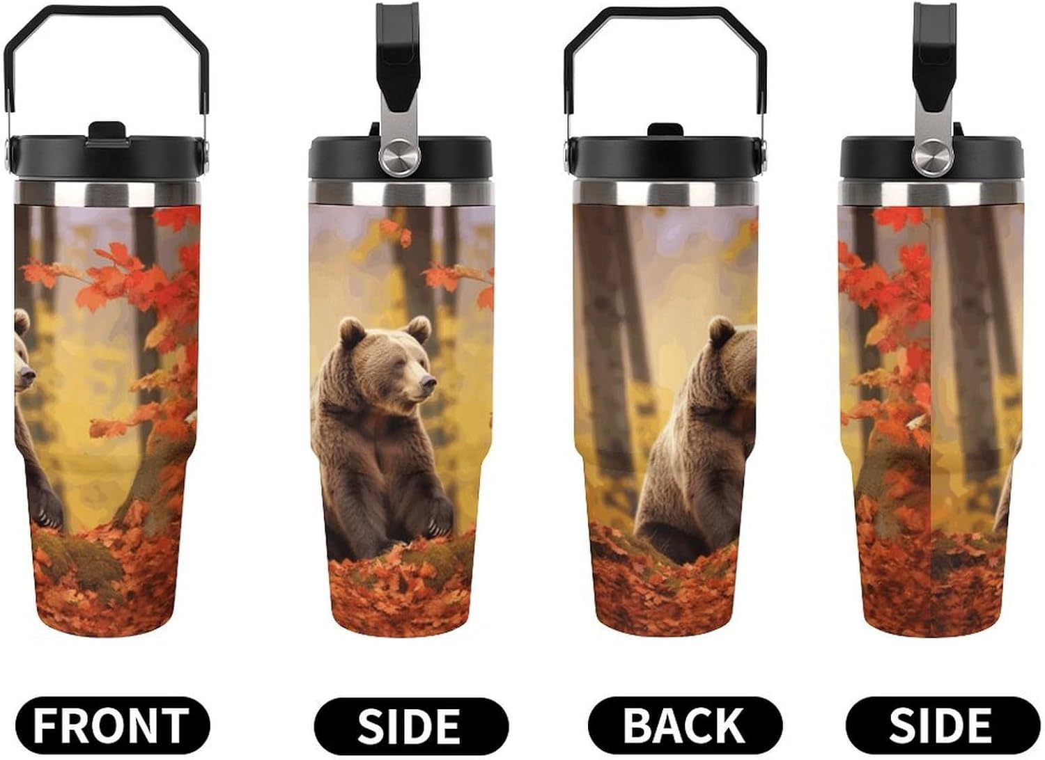 Brown Bear in Autumn Water Bottle 30 Oz Fits Car Cup Holder,Insulated Coffee Mug Large Capacity Car Cups,Stainless Steel Double Wall Sport Bottle for Travel Sports Gym