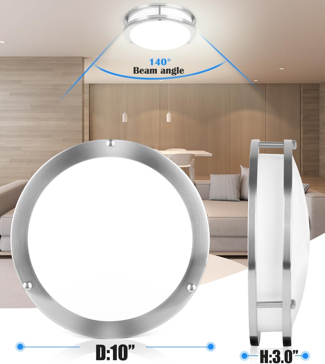 Brushed Nickel Ceiling Light, 10 Inch LED Ceiling Light Fixture for Bathroom,17W, 2700K/3000K/3500K/4000K/5000K Adjustable Ceiling Lighting for Bedroom Kitchen Hallway Living Room