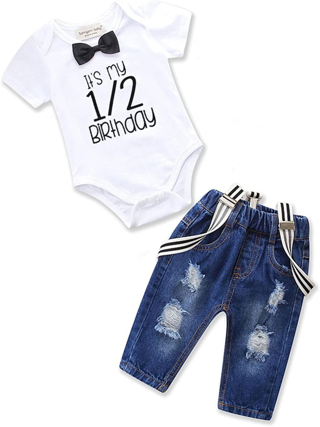 Toddler Baby Boy Birthday Clothes Set Birthday Photo Outfit Bowtie Romper Suspenders Ripped Denim Pants Party Outfits
