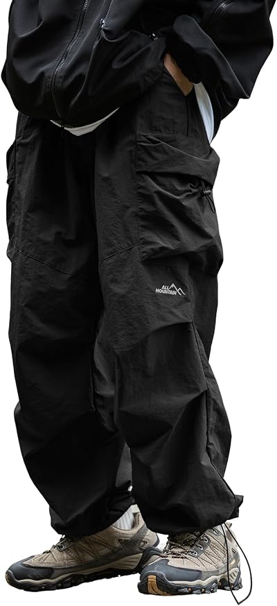 Men's Hiking Cargo Pants Baggy Parachute Pants Water Resistant Lightweight Relaxed Fit Casual Outdoor Trousers