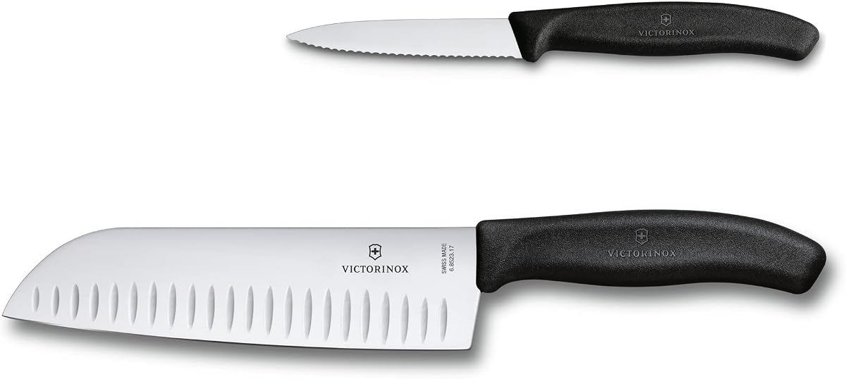 Juego de cocina Victorinox Swiss Classic de 2 piezas, cuchillo Santoku de 7"y cuchillo de pelado dentado de 3.25", negro