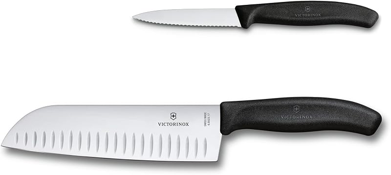 Victorinox Swiss Classic 2-Piece Kitchen Starter Set, 7" Santoku Knife and 3.25" Serrated Paring Knife, Black